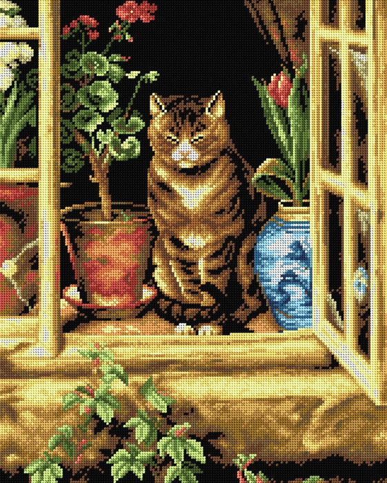 Gobelin canvas for halfstitch without yarn after Ralph Hedley - Cat in Cottage Window 2264M