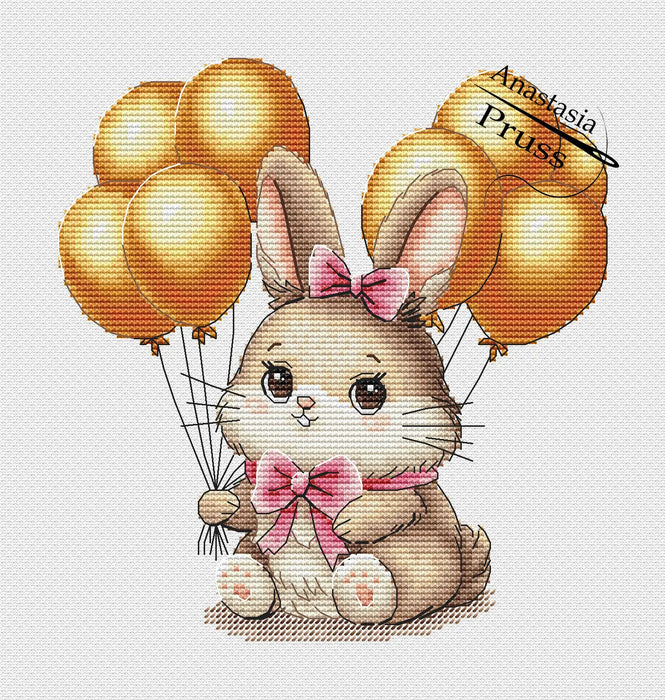 Bunny with balls (pink bow) - PDF Cross Stitch Pattern