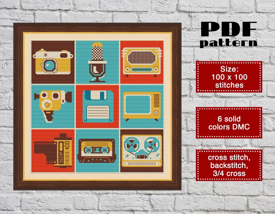 Retro media collage - PDF Cross Stitch Pattern