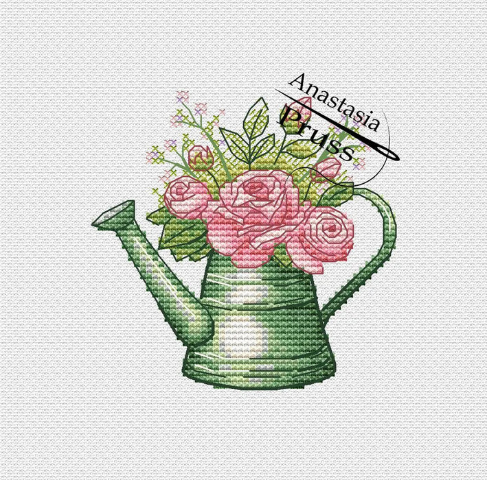 Watering can with roses - PDF Cross Stitch Pattern