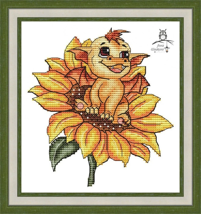 Little Dragon. on a sunflower - PDF Cross Stitch Pattern