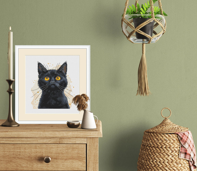 Watercolor Black Cat - PDF Cross Stitch Pattern