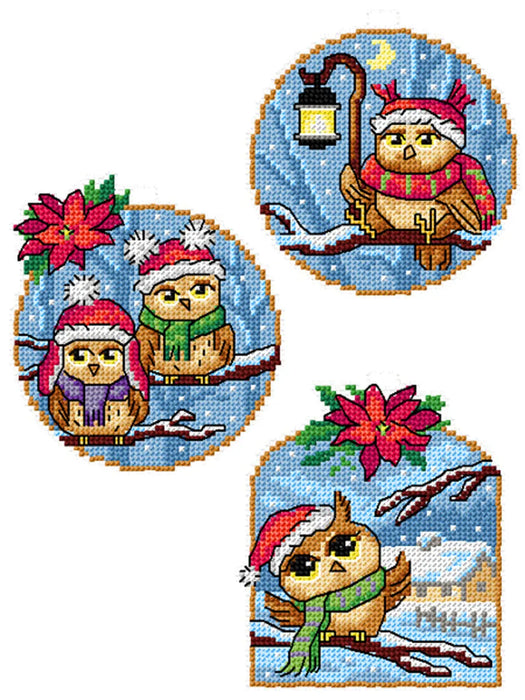 Counted cross stitch kit with plastic canvas Ornaments "Winter Owls" set of 3 designs 7699