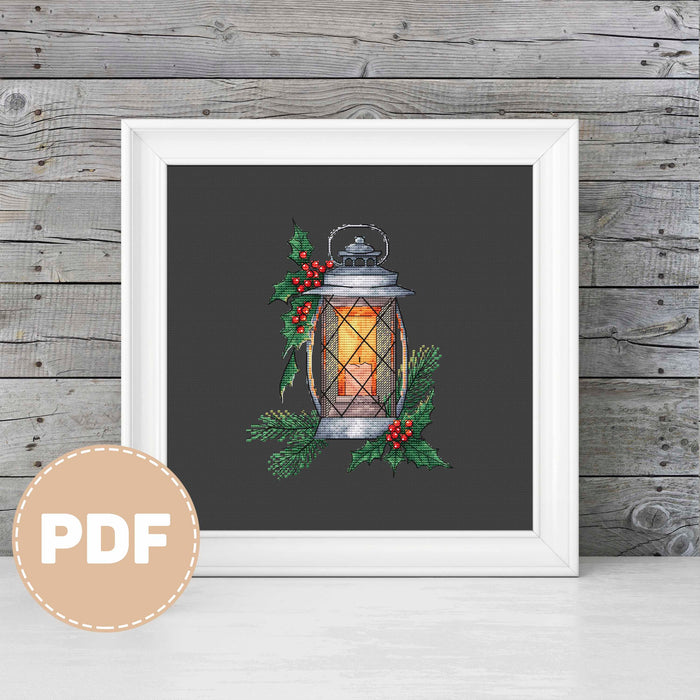 Lantern with Holly - PDF Cross Stitch Pattern