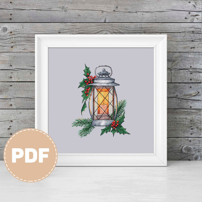 Lantern with Holly - PDF Cross Stitch Pattern