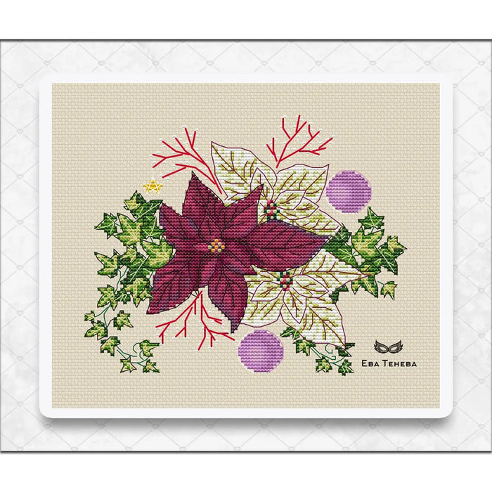 Composition with burgundy poinsettia - PDF Cross Stitch Pattern