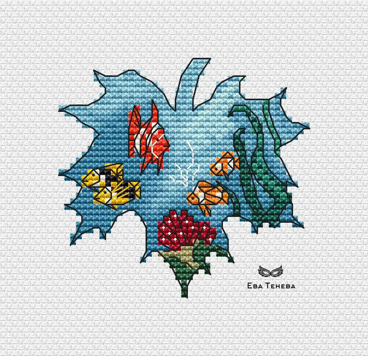 Leaves. Tropical fish - PDF Cross Stitch Pattern