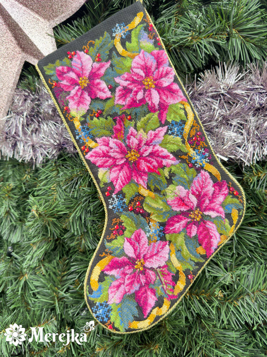 Pink Poinsettia Christmas Stocking K-262 Counted Cross-Stitch Kit