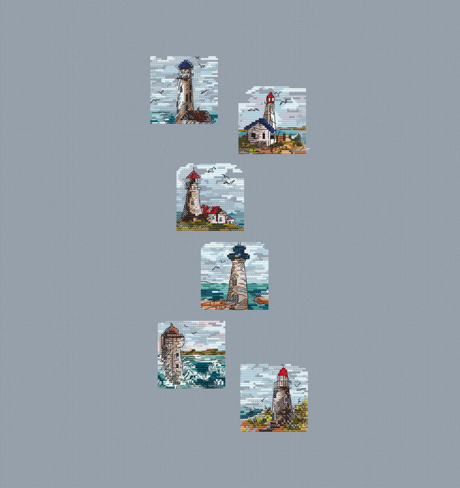 Mini Stamp Series. Set of 6 Mini Lighthouses - PDF Cross Stitch Pattern