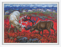 Cross-stitched scene of two reindeer in a field with a scenic background