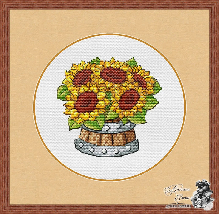 Barrel with Sunflowers - PDF Cross Stitch Pattern