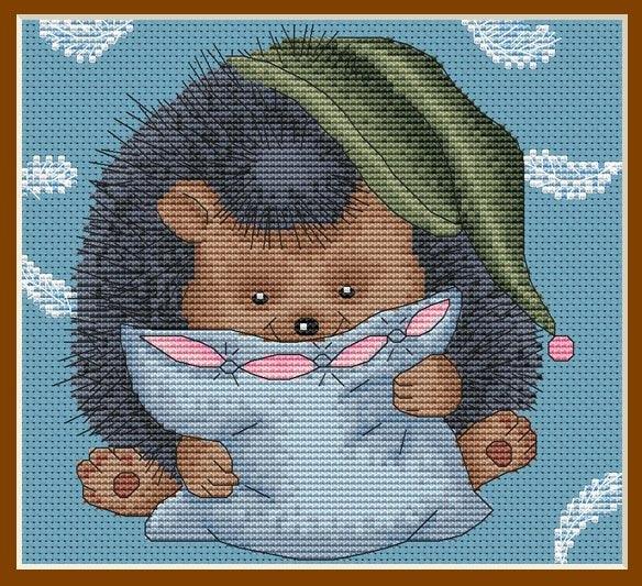 A Hedgehog With A Pillow - PDF Cross Stitch Pattern - Wizardi