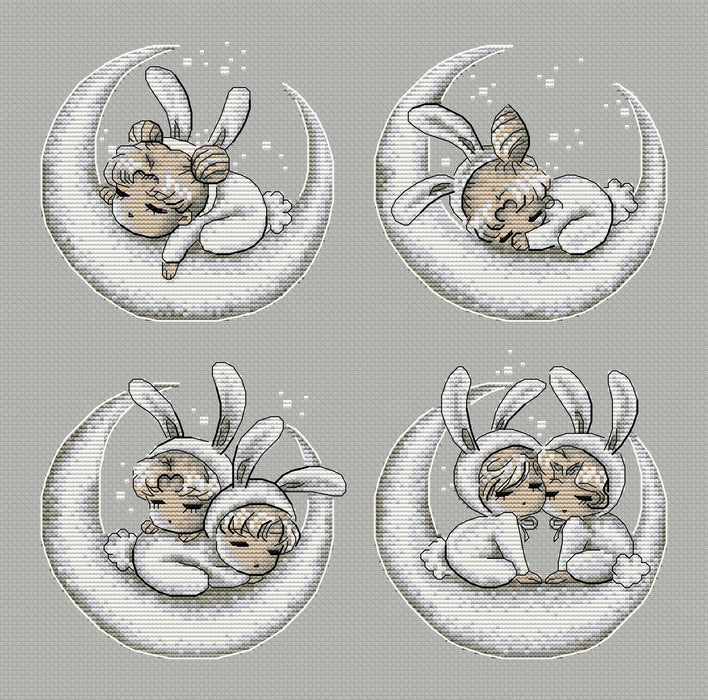 Baby rabbits. Haruka, Michiru, Usagi, Mamoru and Chibiusa - PDF Cross Stitch Pattern