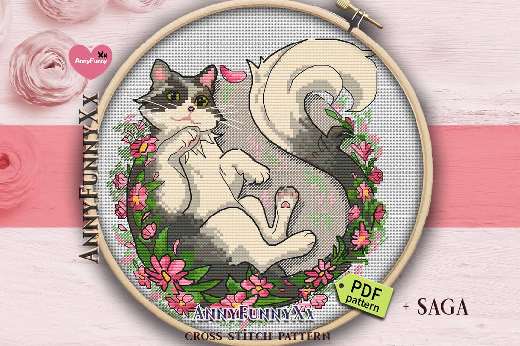 Cat in a Wreath - PDF Cross Stitch Pattern