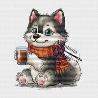 Husky With Coffee - PDF Cross Stitch Pattern