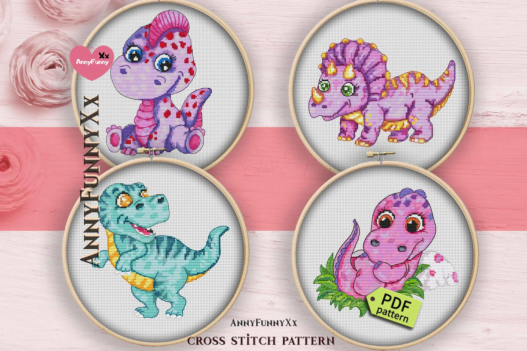 Funny pink dinosaur - PDF Cross Stitch Pattern