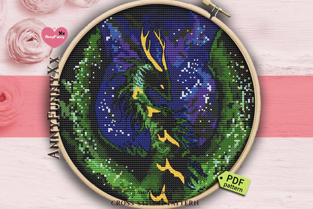 Green dragon in a circle - PDF Cross Stitch Pattern