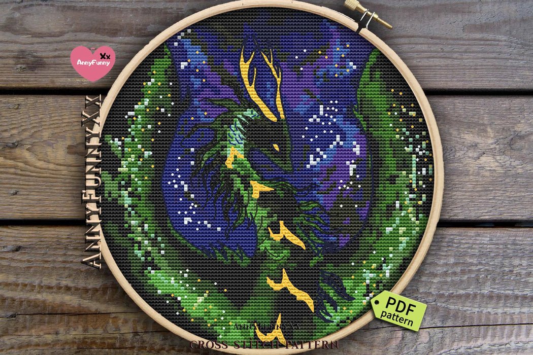 Green dragon in a circle - PDF Cross Stitch Pattern