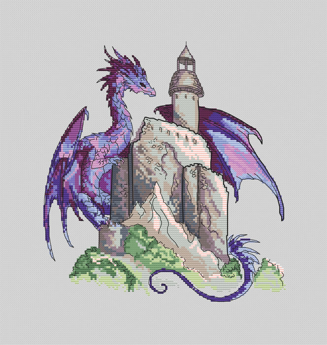 Purple dragon with castle - PDF Cross Stitch Pattern