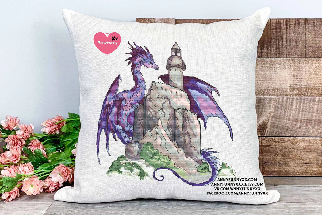 Purple dragon with castle - PDF Cross Stitch Pattern