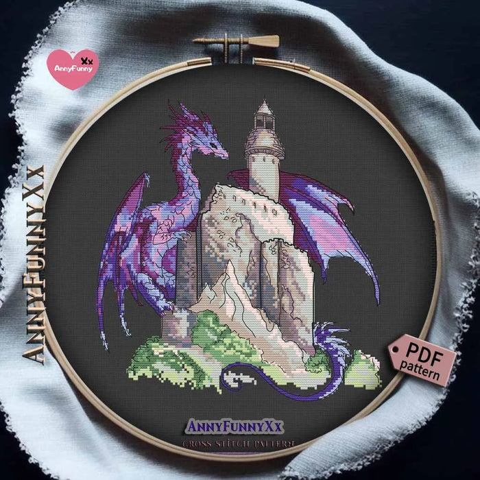 Purple dragon with castle - PDF Cross Stitch Pattern