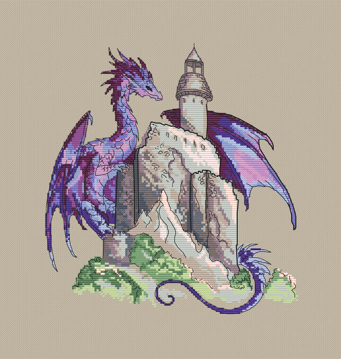 Purple dragon with castle - PDF Cross Stitch Pattern