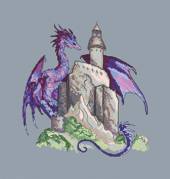 Purple dragon with castle - PDF Cross Stitch Pattern