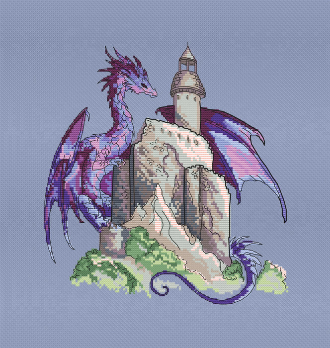 Purple dragon with castle - PDF Cross Stitch Pattern