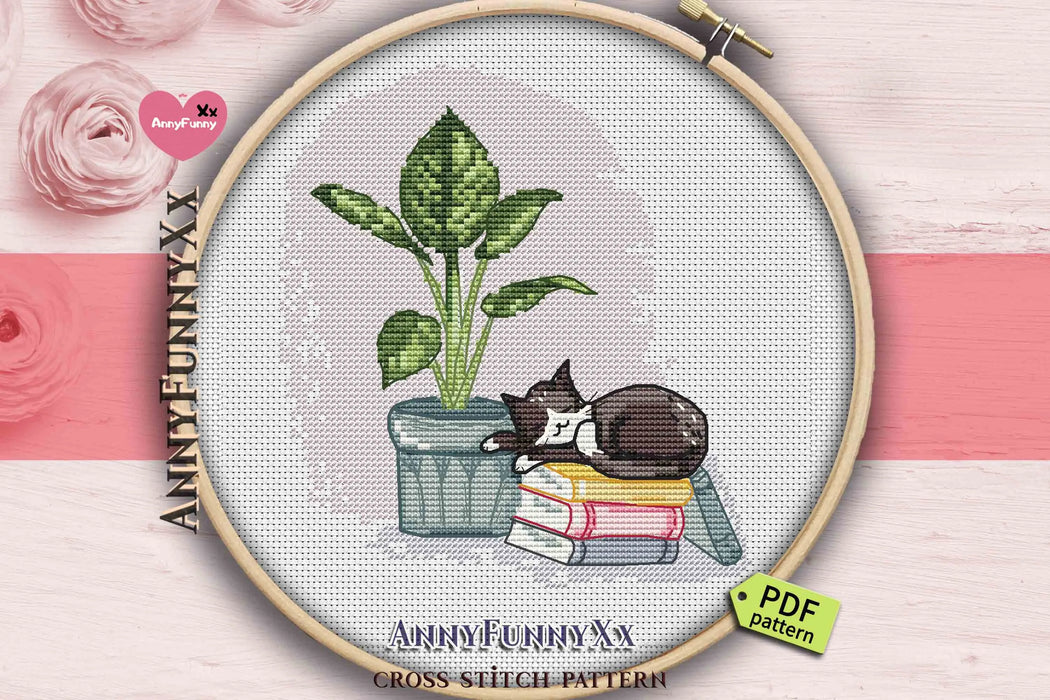 Sleeping Cat with Monstera - PDF Cross Stitch Pattern