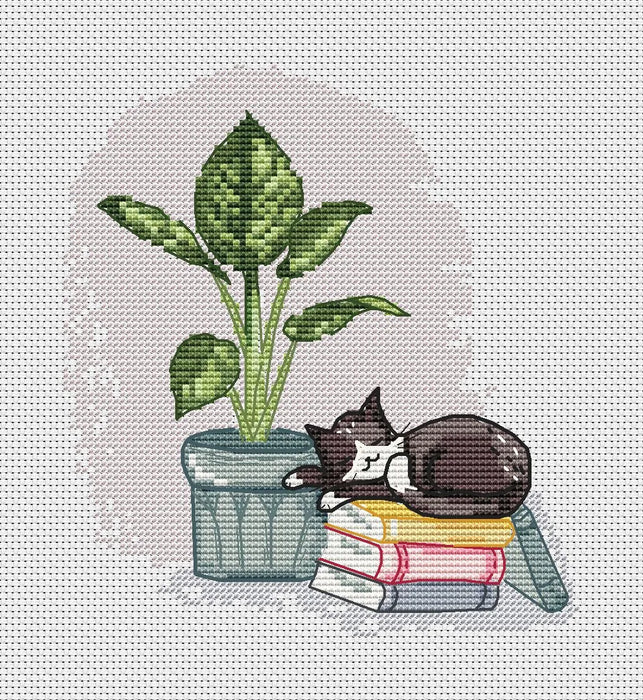 Sleeping Cat with Monstera - PDF Cross Stitch Pattern