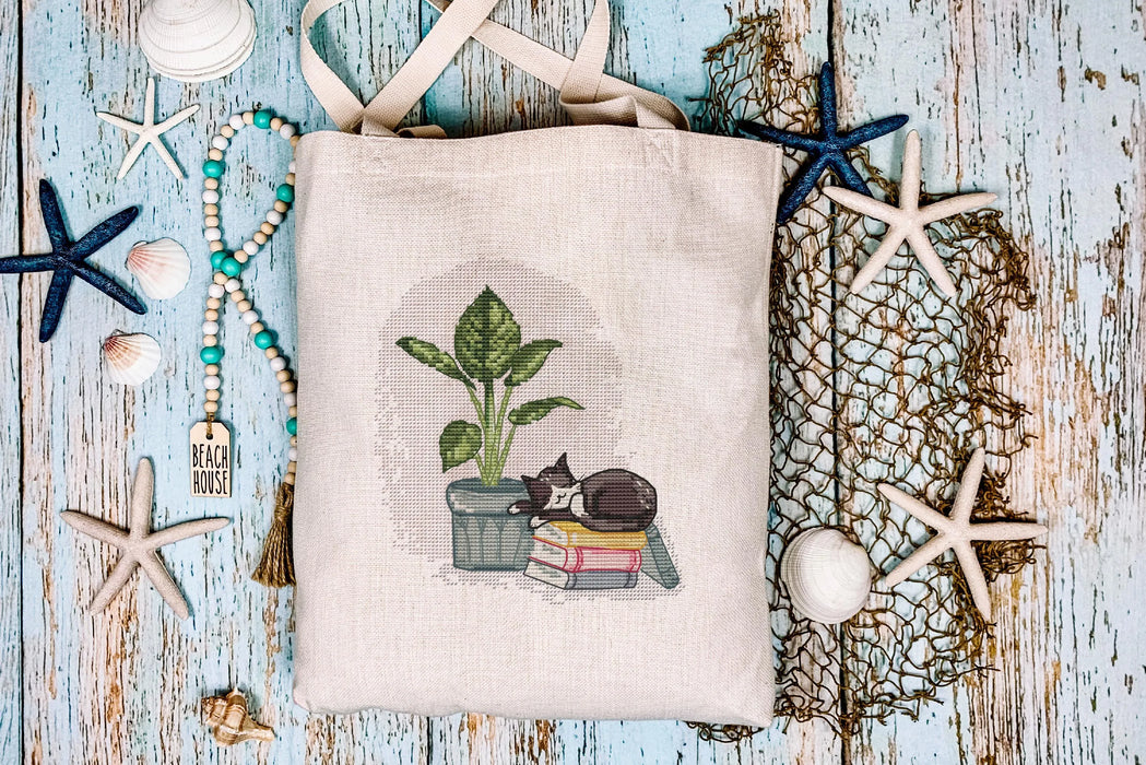 Sleeping Cat with Monstera - PDF Cross Stitch Pattern