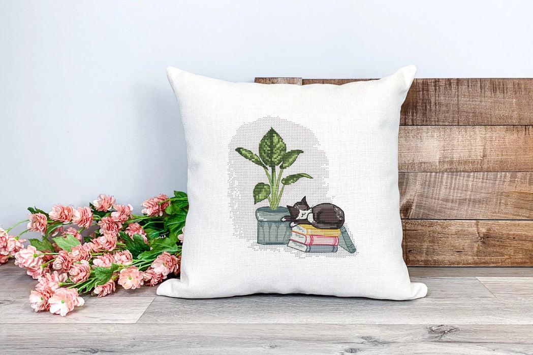 Sleeping Cat with Monstera - PDF Cross Stitch Pattern