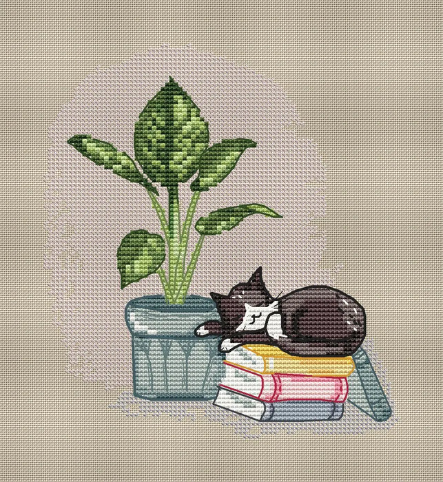 Sleeping Cat with Monstera - PDF Cross Stitch Pattern