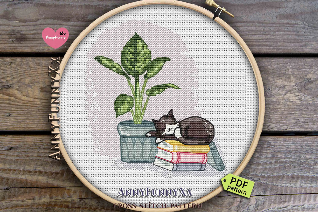 Sleeping Cat with Monstera - PDF Cross Stitch Pattern