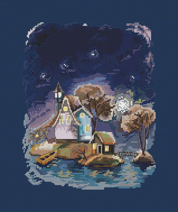 Houses on the islands. Night - PDF Cross Stitch Pattern