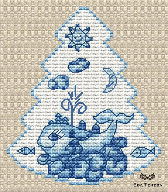 Christmas tree. Gzhel. Whale-fish - PDF Cross Stitch Pattern