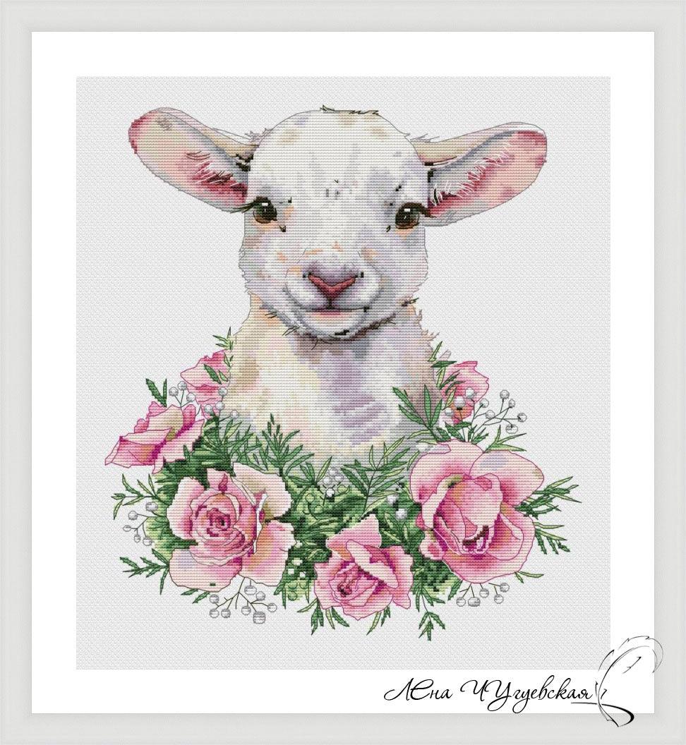 Lamb in roses - PDF Cross Stitch Pattern - Wizardi