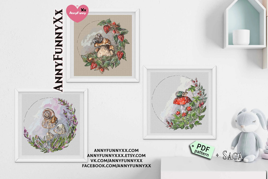 Forest wreath. Fly agaric and snail - PDF Cross Stitch Pattern