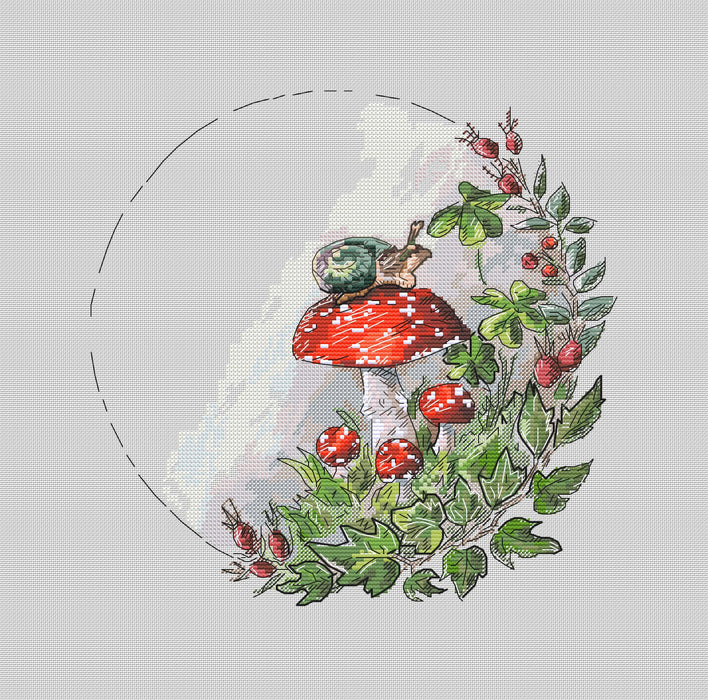 Forest wreath. Fly agaric and snail - PDF Cross Stitch Pattern