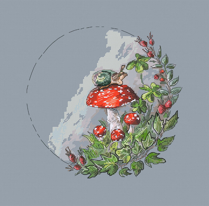 Forest wreath. Fly agaric and snail - PDF Cross Stitch Pattern