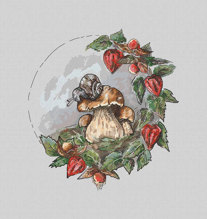 Forest wreath. White mushroom and snail - PDF Cross Stitch Pattern