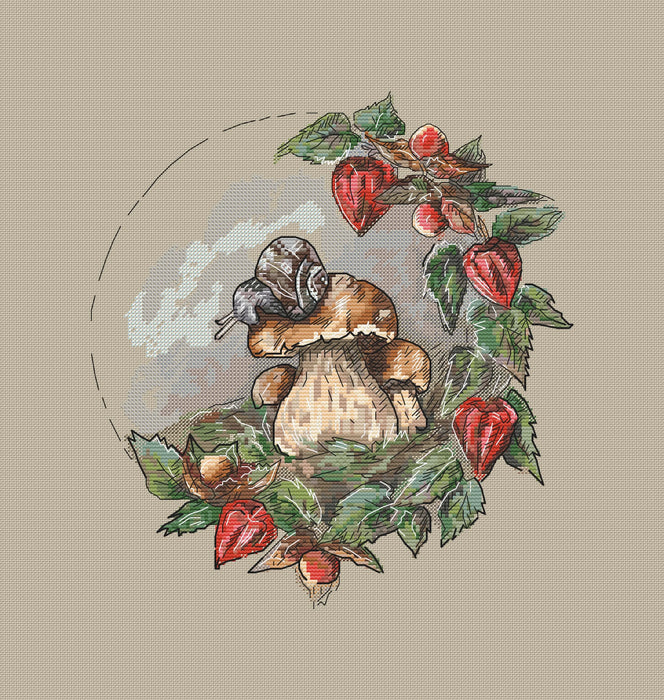 Forest wreath. White mushroom and snail - PDF Cross Stitch Pattern