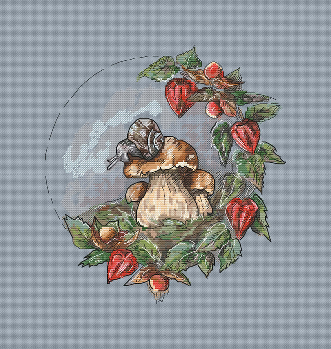 Forest wreath. White mushroom and snail - PDF Cross Stitch Pattern