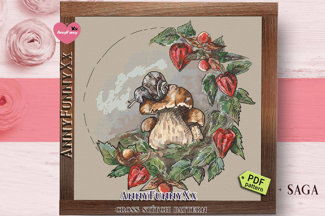 Forest wreath. White mushroom and snail - PDF Cross Stitch Pattern