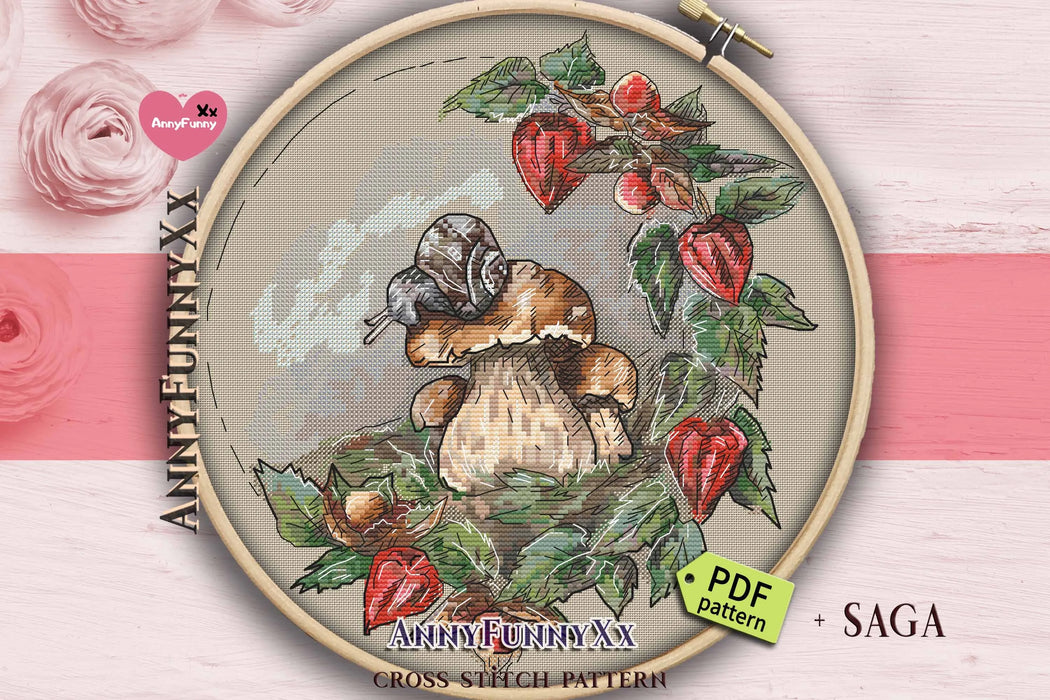 Forest wreath. White mushroom and snail - PDF Cross Stitch Pattern