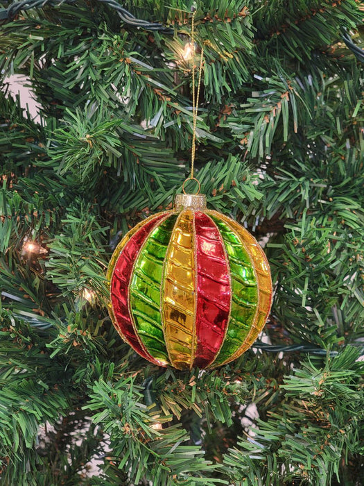 Red and Green Striped Ball Glass Christmas Ornament F07M7-35-LH76-23094