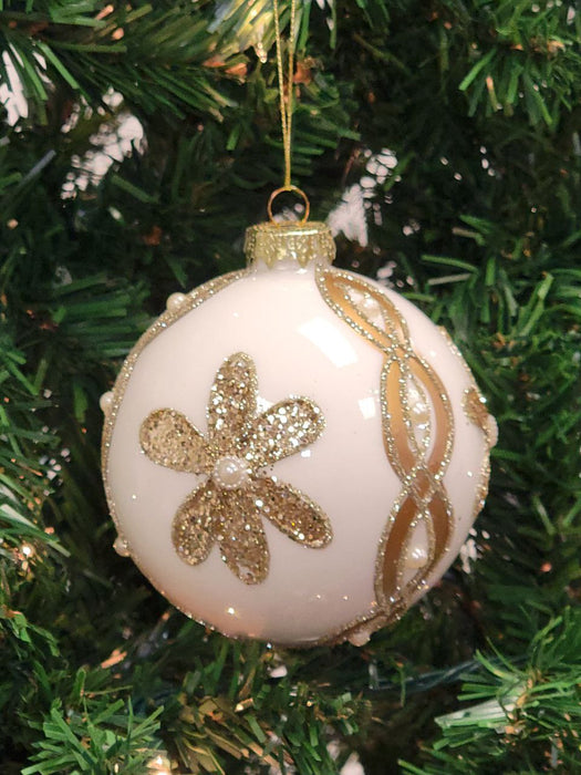 White Ball with Gold Flower Glass Christmas Ornament F07M7-30-LH76-23098