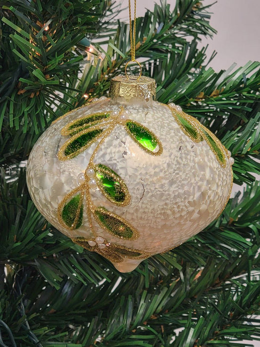 White Glitter Leaf Ball Glass Christmas Ornament F07M7-25-LH76-23096