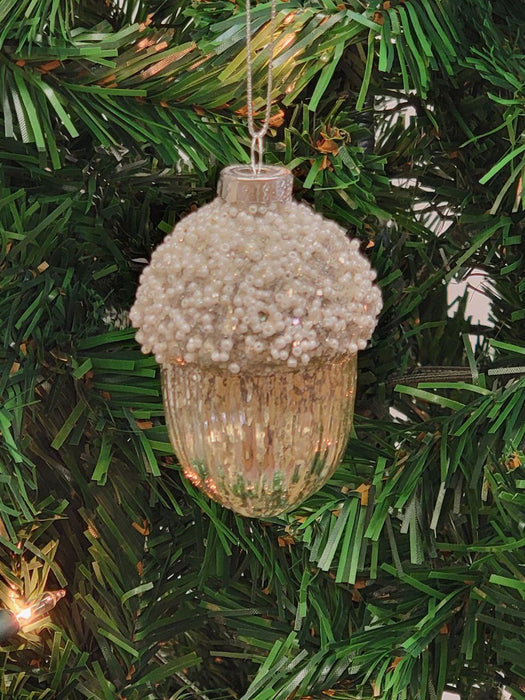 Cream Glitter Acorn Glass Christmas Ornament F07M7-17-LH76-23167