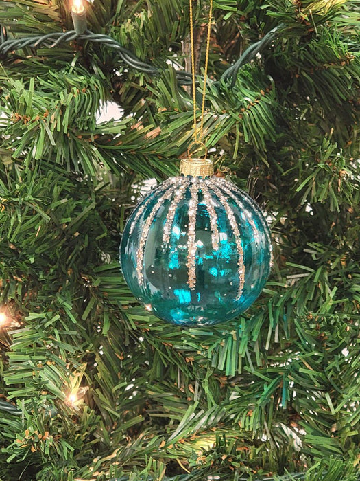 Turquoise and Gold Striped Ball Glass Christmas Ornament F07M7-11-LH76-2319